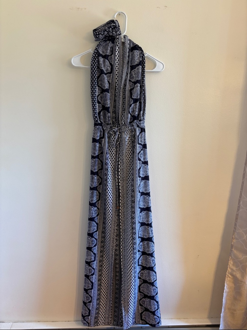 Black and White Patterned Backless Halter Maxi Dress